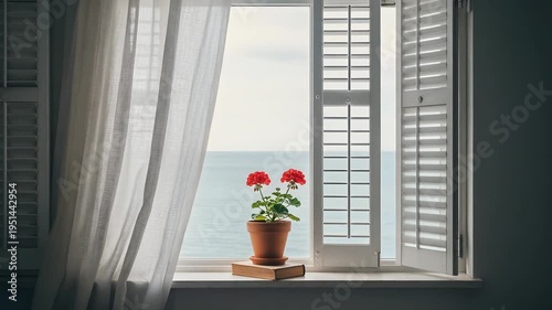 Horizontal shot of a tall, narrow window with white wooden shutters partially open, letting in soft natural light. Semi-realistic scene emphasizing calm, airy, and cozy interior vibes.