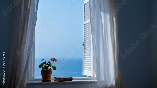 Horizontal shot of a tall, narrow window with white wooden shutters partially open, letting in soft natural light. Semi-realistic scene emphasizing calm, airy, and cozy interior vibes.
