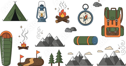 Camping Adventure and Outdoor Gear Icon Set with Tent Backpack Compass Campfire Symbols