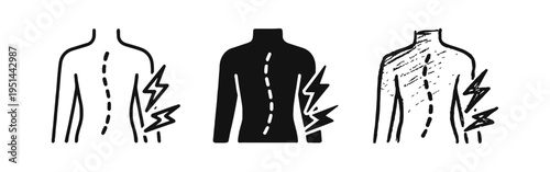 Back pain icon set. Human torso with lightning bolt symbol representing discomfort or injury.