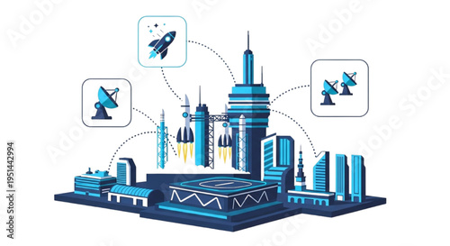 Futuristic Spaceport City with Rockets, Satellites, and Advanced Technology Infrastructure