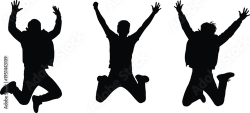 Jumping silhouettes celebration, people in dynamic poses, joyful movement illustration, freedom concept artwork, achievement success icon, energetic dance, happiness, excitement