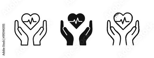Hands holding heart with heartbeat line icon set. Healthcare, cardiology, love, and medical support symbol.