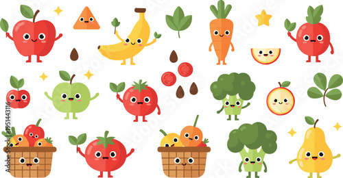Cute Cartoon Fruits and Vegetables Character Icon Set with Happy Organic Food