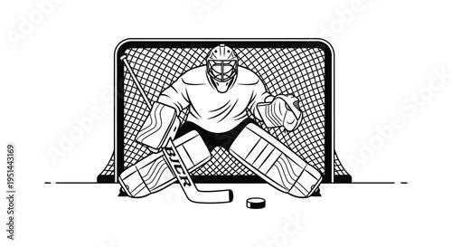 A dramatic black and white illustration depicts a hockey goalie in full gear positioned in front of the net silhouette