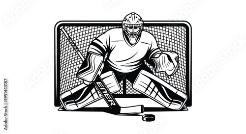 A black and white illustration depicts a hockey goalie in a defensive stance before the net silhouette high quality professional detailed