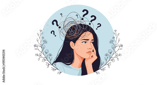 Stressed woman looks confused while surrounded by question marks and tangled lines symbolizing mental chaos and anxiety.