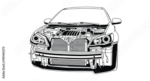 Detailed illustration of a car engine bay showcasing internal components in a striking black outline silhouette high quality professional detailed modern