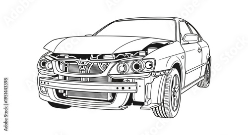 Detailed illustration of a damaged car showcasing front end wreckage and mechanical components in black and white silhouette high quality professional detailed