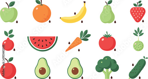 Fresh Fruits and Vegetables Icon Set with Organic Food Flat Illustration Collection
