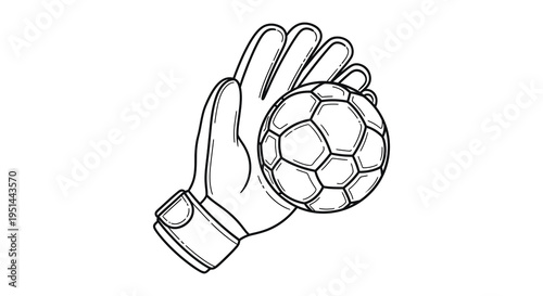 A hand wearing a goalie glove cradling a soccer ball depicted in a stark black outline silhouette high quality professional detailed