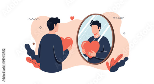 Man looks at his reflection in a mirror while holding a large red heart symbolizing self-love and positive self-esteem.