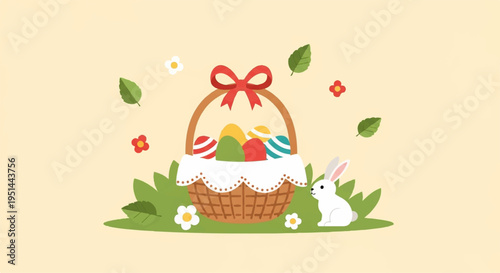Colorful easter basket with eggs and bunny on green grass with flowers and leaves