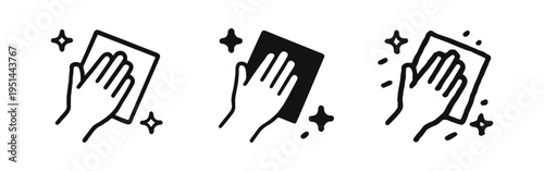 Hand Wiping Clean Surface with Sparkles Icon Set for Hygiene in Outline, Glyph, and Doodle Styles