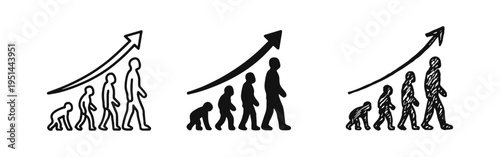 Human Evolution and Progress Upward Arrow Icon Set for Growth in Outline, Glyph, and Doodle Styles