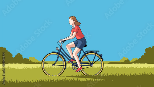 Joyful vector illustration of a young girl on a blue bicycle riding through a sunny grassy field