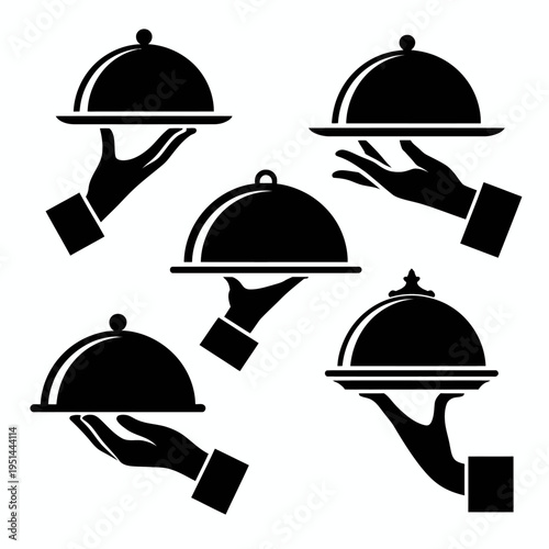 A minimalist black and white graphic depicting five hands holding covered serving dishes.