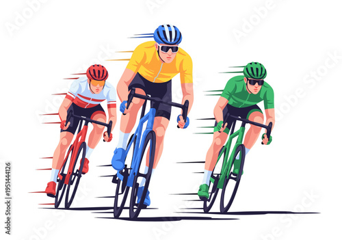 Dynamic vector illustration of three cyclists racing with colorful motion lines against white backdrop