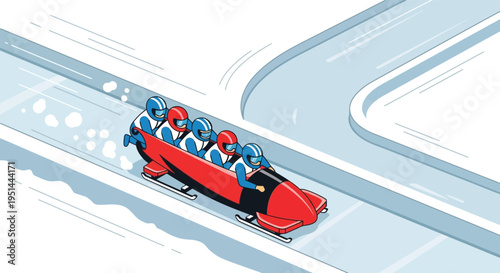 A dynamic illustration depicts a four man bobsleigh team racing down an icy track rendered as a striking silhouette high quality professional
