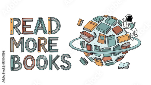 Cosmic Library: An astronaut, lost in the pages, floats beside a book-laden planet, the very essence of exploration and discovery within a universe of stories.