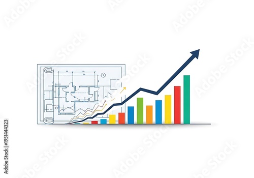 A graph and a house plan with an upward trend isolated on white background