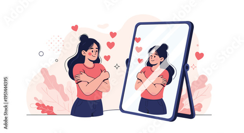 Smiling woman embraces herself in front of a mirror with floating hearts representing self-acceptance and emotional wellness.