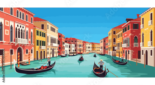 A vibrant venetian canal scene displays gondolas and colorful buildings captured in a striking dark silhouette high quality professional detailed modern