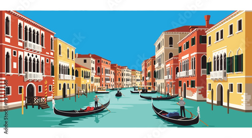 A vibrant venetian canal scene with gondolas and classic architecture presented in a striking silhouette high quality professional detailed modern elegant