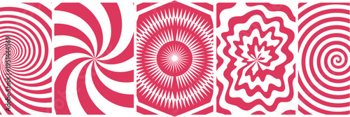 Swirl candy cane patterns set, red white wavy vector background, abstract candy, lollipop, caramel texture, sweet treat illustration, isolated design