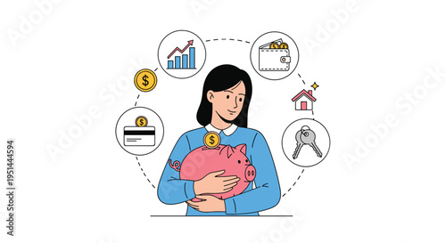 Young woman protects her savings by hugging a pink piggy bank surrounded by various financial and investment icons.