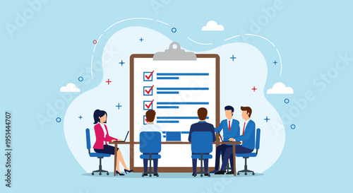 Business team meeting at office desk with giant checklist clipboard for project management task completion cad drawing flat vector illustration