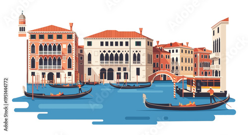 Venetian canal scene featuring classic architecture gondolas and a gondolier presented as a striking silhouette high quality professional detailed modern elegant