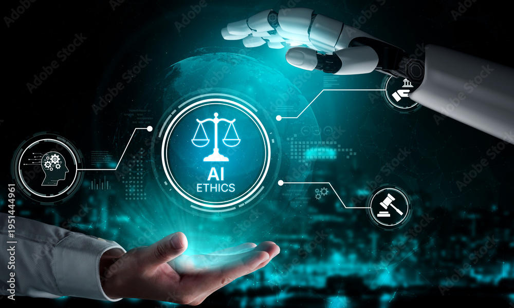 Fototapeta premium AI ethics ensures fairness, transparency, and responsibility in intelligent systems, guiding safe and trusted AI integration in society. Artificial intelligence spline