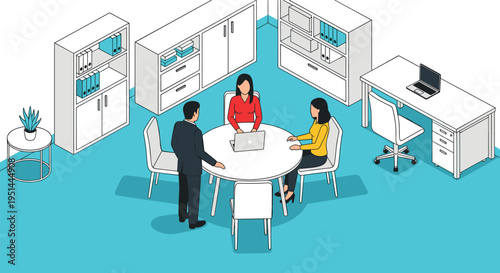 Isometric office meeting, professional business people, collaboration at round table, interior workspace, corporate team discussion, consultation session, cad drawing illustration.