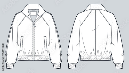 Track Jacket Fashion Flat Technical Drawing, Unisex Zip Up Sports Jacket CAD Template Front and Back View