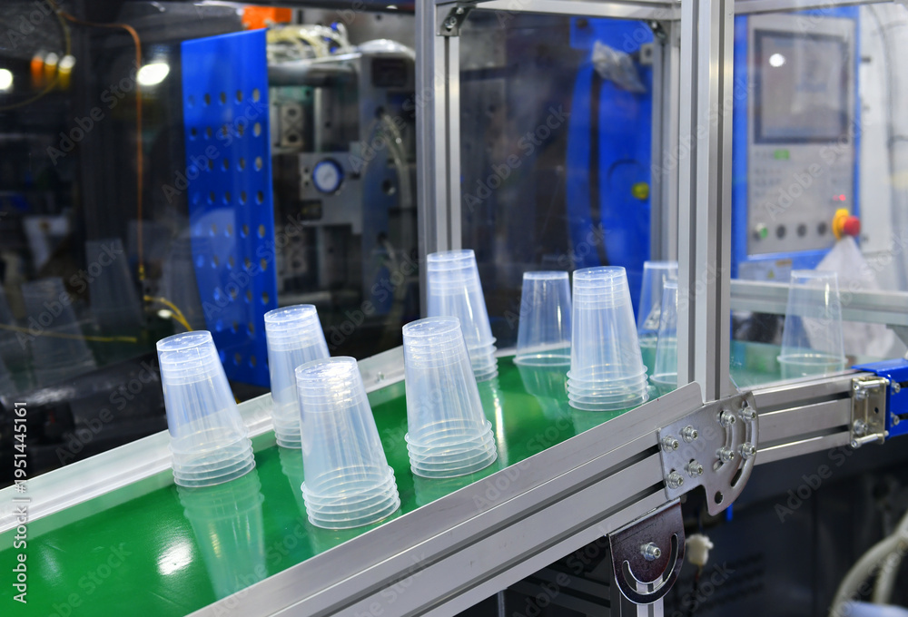 Ταπετσαρία Automated conveyor belt transporting plastic cups in a food packaging factory