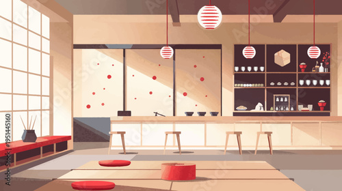 Minimalist japanese interior design with decorative lanterns and natural light