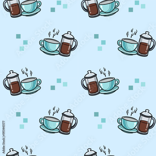Coffee Cup and French Press Seamless Pattern Hot Drink Vector Background