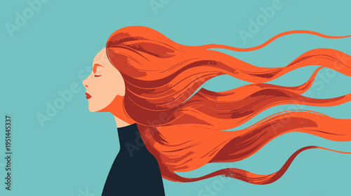 Woman with flowing red hair against a teal background illustration