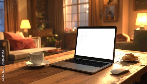 Laptop on a wooden table in a cozy living room at night