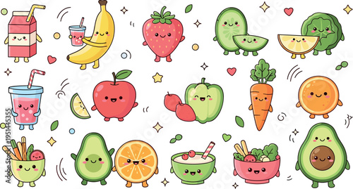 Cute Kawaii Fruits and Vegetables Character Set with Smiling Healthy Food Illustrations