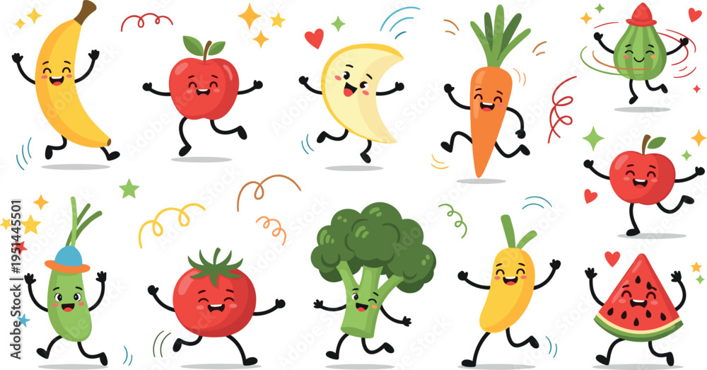 Fototapeta premium Cute Cartoon Fruits and Vegetables Character Set with Happy Healthy Food Illustrations