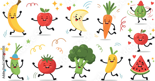 Cute Cartoon Fruits and Vegetables Character Set with Happy Healthy Food Illustrations