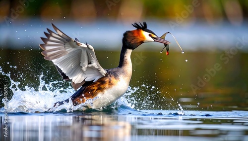 Great crested grebe captures fish, creating splashes in water with blurred nature background