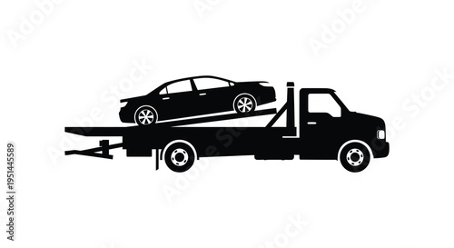 A black silhouette depicts a tow truck transporting a vehicle on its flatbed illustrating roadside assistance services silhouette high quality professional