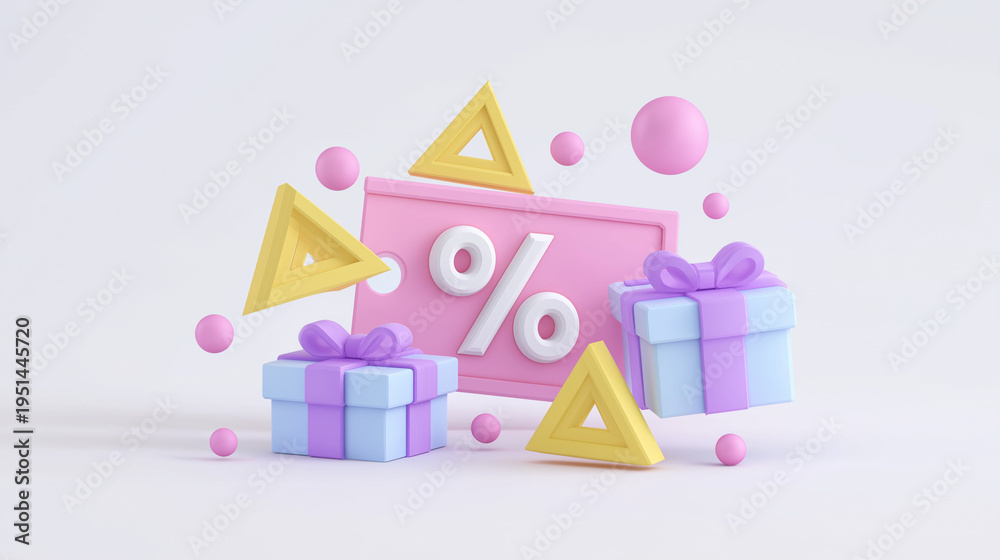 Fototapeta premium Floating gift boxes and geometric shapes surround a percentage sign on a pink background