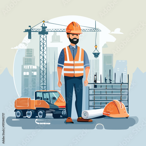 A construction worker stands on a site with a crane and cement mixer.