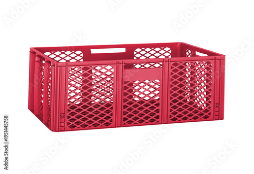 Red plastic crate with diamond pattern holes for storage and transport isolated on transparent background