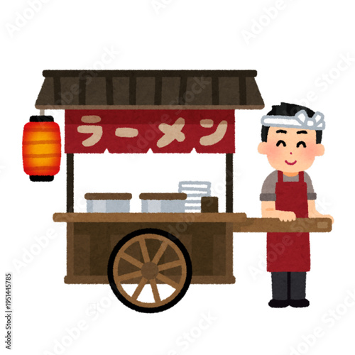 An illustration of a ramen vendor pulling a street stall, capturing the charm of Japanese street food culture