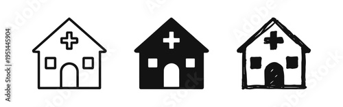 Hospital and Healthcare Facility Icons Set - Medical Building with Cross Symbol